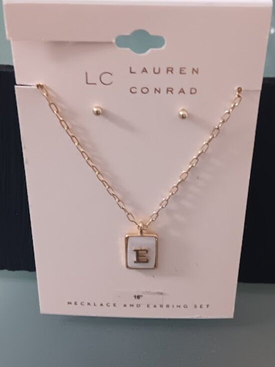 LC Lauren Conrad Jewelry - LC LAUREN CONRAD 2pc SET Gold Mother of Pearl 'E' Initial Necklace/Stud Earrings
